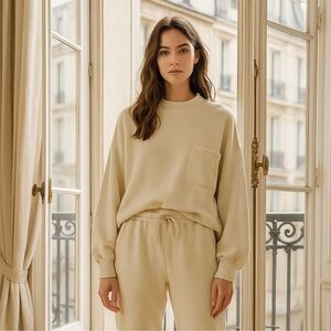 NAP Loungewear Drawstring Cotton Track Sweatshirt in Cream Oversized Size Small